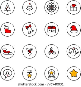 line vector icon set - christmas tree vector, firework, gift, sock, bell, calendar, hat, sleigh, holly, angel, merry message, star medal