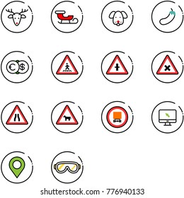 line vector icon set - christmas deer vector, sleigh, dog, eggplant, euro dollar, pedestrian road sign, intersection, railway, narrows, cow, no dangerous cargo, monitor cursor, map pin