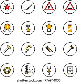 line vector icon set - christmas star vector, scalpel, Road narrows sign, artificial unevenness, gold medal, drink, hammer, clamp, work knife, nail, nut, rivet, winch, tool cabinet