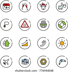 line vector icon set - christmas calendar vector, wine glasses, deer hat, tonometer, ruble, round motion road sign, printer, circle chart, arrow up, rise, flying man, sun, plane, carbon, nut