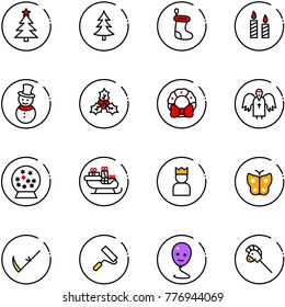 line vector icon set - christmas tree vector, sock, candle, snowman, holly, wreath, angel, snowball, santa sleigh, king, butterfly, scythe, paint roller, balloon smile, horse stick toy