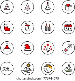 line vector icon set - christmas tree vector, gift, sock, candle, calendar, hat, firework, champagne, swimming, pyramid, ball, toy boat