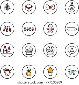 line vector icon set - christmas tree vector, gift, bow, ball, garland, cake man, sleigh, candle, snowball house, merry message, deer hat, star medal, toy horse