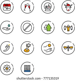 line vector icon set - christmas calendar vector, wine glasses, snowball house, deer hat, drop hand, no limit road sign, arrow up, team leader, flying man, palm, waves, dragonfly, flower
