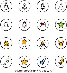 line vector icon set - christmas tree vector, star letter, moon flag, medal, stars, flying man, starfish, rocket, lamp