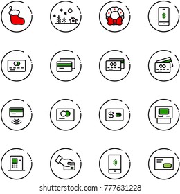 line vector icon set - christmas sock vector, landscape, wreath, mobile payment, credit card, tap pay, atm, envelope