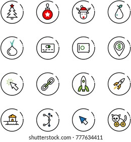 line vector icon set - christmas tree vector, ball, deer hat, pear, onion, credit card, safe, dollar pin, cursor, link, rocket, bungalow, bezier, toy cat