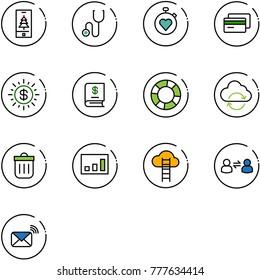 line vector icon set - christmas mobile vector, stethoscope, stopwatch heart, credit card, dollar sun, annual report, lifebuoy, refresh cloud, trash bin, statistics, ladder, information exchange