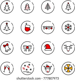 line vector icon set - christmas tree vector, glove, garland, snowflake, bell, bow, hat, deer, wine glasses, sale, parasol