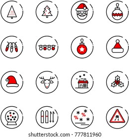 line vector icon set - christmas tree vector, santa claus, ball, garland, hat, deer, house, holly, snowball, ski, sale, slippery road sign