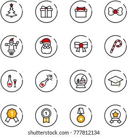 line vector icon set - christmas tree vector, gift, bow, santa claus, lollipop, wine, champagne, snowball house, graduate hat, gold medal, star