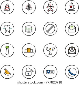 line vector icon set - christmas tree vector, cake man, tea, tooth, coin, no limit road sign, opened mail, tie, pedestal, gold cup, dollar, watermelone, wireless lock, projector, ball