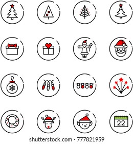 line vector icon set - christmas tree vector, gift, santa claus, ball, garland, firework, wreath, deer hat, elf, calendar