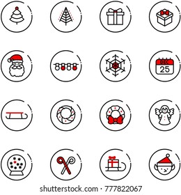 line vector icon set - christmas tree vector, gift, santa claus, garland, snowflake, 25 dec calendar, sleigh, wreath, angel, snowball, stick, elf