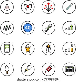 line vector icon set - christmas tree vector, bow, firework, thermometer, dollar, minimal speed limit road sign, link, growth arrow, mobile, success, award, chart, ice cream, oiler, marker