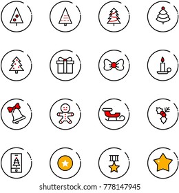 line vector icon set - christmas tree vector, gift, bow, candle, bell, cake man, sleigh, holly, mobile, star medal