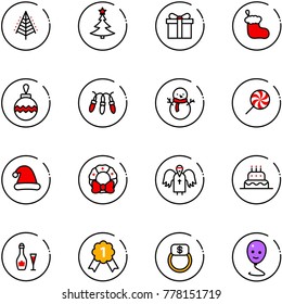 line vector icon set - christmas tree vector, gift, sock, ball, garland, snowman, lollipop, hat, wreath, angel, cake, wine, gold medal, finger ring, balloon smile