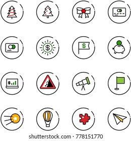 line vector icon set - christmas tree vector, bow, credit card, dollar sun, flag, piggy bank, account statistics, landslide road sign, telescope, first satellite, air balloon, puzzle, paper plane