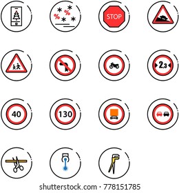 line vector icon set - christmas mobile vector, sale, stop road sign, steep descent, children, no left turn, moto, limited width, speed limit 40, 130, dangerous cargo, overtake, opening, laser