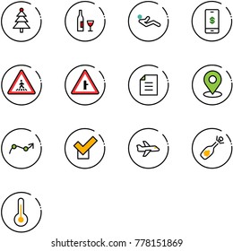 line vector icon set - christmas tree vector, wine, abdominal muscles, mobile payment, pedestrian road sign, intersection, document, map pin, chart point arrow, check, plane, fizz opening