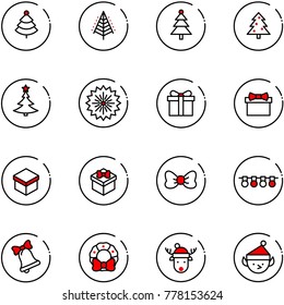 line vector icon set - christmas tree vector, firework, gift, bow, garland, bell, wreath, deer hat, elf