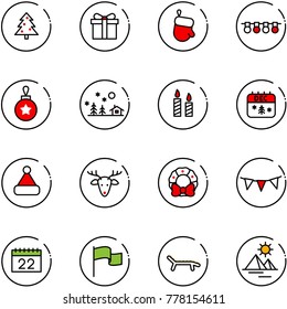 line vector icon set - christmas tree vector, gift, glove, garland, ball, landscape, candle, calendar, hat, deer, wreath, flag, lounger, pyramid