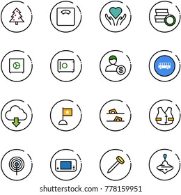 line vector icon set - christmas tree vector, floor scales, heart care, coin, safe, account, bus road sign, download cloud, flag, flip flops, life vest, antenna, game console, nail, wirligig toy
