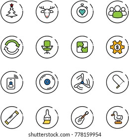 line vector icon set - christmas tree vector, deer, stopwatch heart, group, refresh, office chair, puzzle, money managemet, identity card, cd, wind mill, fretsaw, level, brush, guitar, toy duck