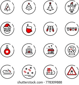 line vector icon set - christmas tree vector, santa claus, glove, garland, ball, fireplace, house, snowball, snowmobile, sale, sleigh gift, slippery road sign