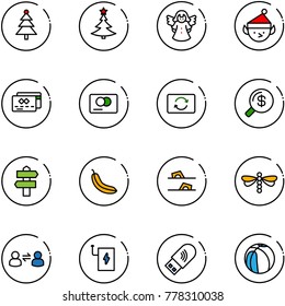 line vector icon set - christmas tree vector, angel, elf, credit card, exchange, money search, signpost, banana, flip flops, dragonfly, information, power bank, usb wi fi, basketball