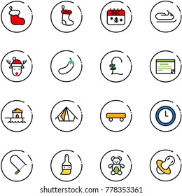 line vector icon set - christmas sock vector, calendar, snowmobile, deer hat, eggplant, pound, schedule, bungalow, tent, skateboard, clock, fretsaw, brush, bear toy, soother