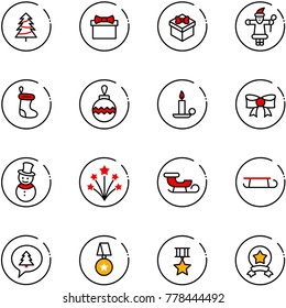 line vector icon set - christmas tree vector, gift, santa claus, sock, ball, candle, bow, snowman, firework, sleigh, merry message, star medal
