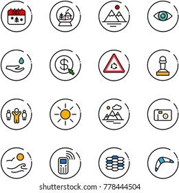 line vector icon set - christmas calendar vector, snowball house, mountains, eye, drop hand, money click, round motion road sign, pawn, team leader, sun, photo, waves, mobile phone, carbon
