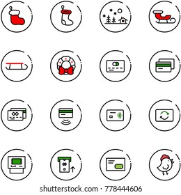 line vector icon set - christmas sock vector, landscape, sleigh, wreath, credit card, tap pay, exchange, atm, envelope, chicken toy
