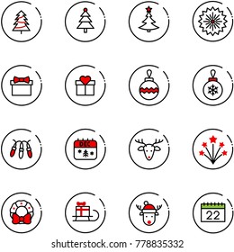 line vector icon set - christmas tree vector, firework, gift, ball, garland, calendar, deer, wreath, sleigh, hat