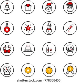 line vector icon set - christmas tree vector, gift, santa claus, ball, star, snowman, firework rocket, wreath, cake, wine, snowball house, medal, gold