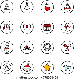 line vector icon set - christmas tree vector, glove, ball, garland, bow, 25 dec calendar, snowman, holly, wreath, santa stick, merry message, elf, star medal, toy horse