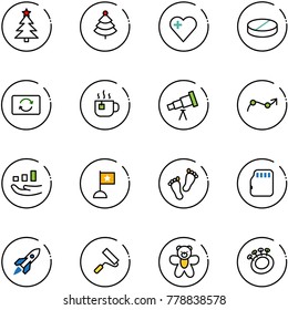 line vector icon set - christmas tree vector, heart, pill, card exchange, hot tea, telescope, chart point arrow, growth, flag, feet, micro flash, rocket, paint roller, bear toy, beanbag