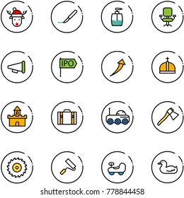 line vector icon set - christmas deer hat vector, scalpel, liquid soap, office chair, speaker horn, ipo, growth, crown, sand fort, suitcase, moon rover, axe, saw disk, paint roller, baby car
