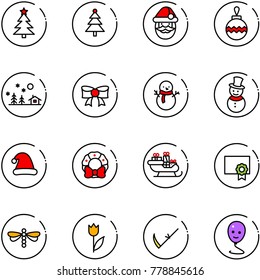 line vector icon set - christmas tree vector, santa claus, ball, landscape, bow, snowman, hat, wreath, sleigh, certificate, dragonfly, tulip, scythe, balloon smile