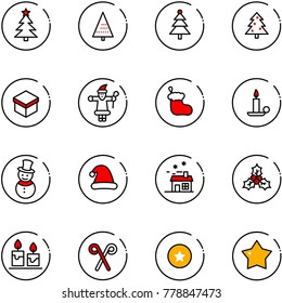 line vector icon set - christmas tree vector, gift, santa claus, sock, candle, snowman, hat, house, holly, stick, star medal