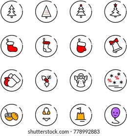 line vector icon set - christmas tree vector, sock, glove, bell, gloves, holly, angel, sale, coconut cocktail, swimsuit, sand castle, balloon smile