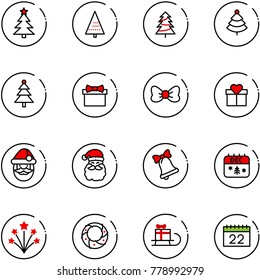 line vector icon set - christmas tree vector, gift, bow, santa claus, bell, calendar, firework, wreath, sleigh