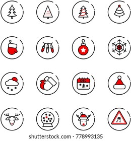 line vector icon set - christmas tree vector, glove, garland, ball, snowflake, snowfall, gloves, calendar, hat, deer, snowball, slippery road sign