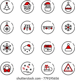 line vector icon set - christmas tree vector, santa claus, ball, garland, snowflake, snowfall, calendar, hat, wreath, sale, sleigh gift, slippery road sign