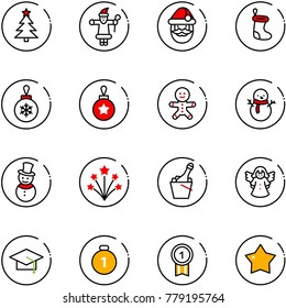 line vector icon set - christmas tree vector, santa claus, sock, ball, cake man, snowman, firework, champagne, angel, graduate hat, gold medal, star