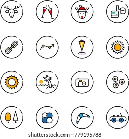 line vector icon set - christmas deer vector, wine glasses, hat, tonometer, link, chart point arrow, pennant, sun, palm, photo, flower, forest, atom core, boomerang, toy car