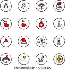 line vector icon set - christmas tree vector, gift, santa claus, sock, glove, ball, candle, hat, angel, mobile, elf, lounger, beach, parasol
