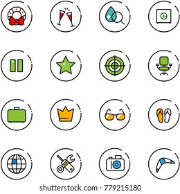 line vector icon set - christmas wreath vector, wine glasses, blood test, safe, pause, star, target, office chair, case, crown, sunglasses, flip flops, globe, wrench screwdriver, camera, boomerang