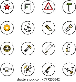 line vector icon set - christmas star vector, safe, Road narrows sign, work, medal, anchor, knife, bolt cutter, nut, screw, metal hacksaw, winch, pipe welding, wrench hammer, gun sealant